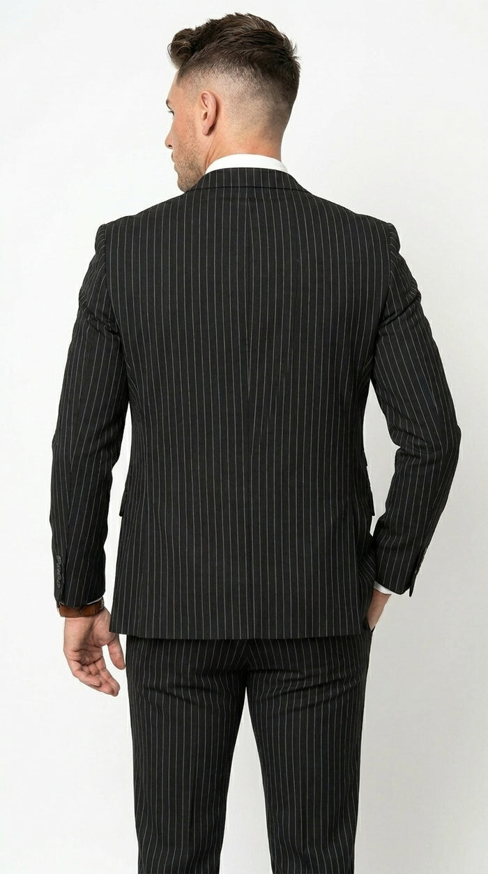 Mens Italian Wool Suit Color Black - Men's Designer Wool Pleated Pant Vested Black Gangster Pinstripe Suit