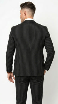 Mens Italian Wool Suit Color Black - Men's Designer Wool Pleated Pant Vested Black Gangster Pinstripe Suit