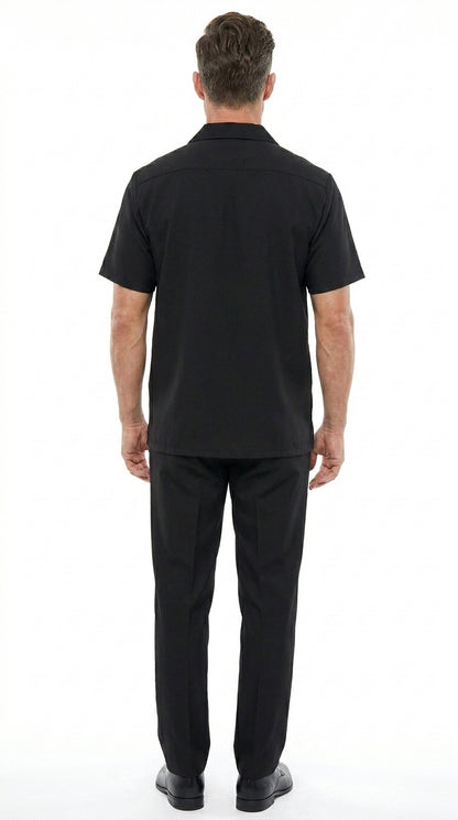 Men’s Black Big and Tall Walking Suit with Short Sleeve Shirt and Matching Pants, Casual Suit up to 6XL
