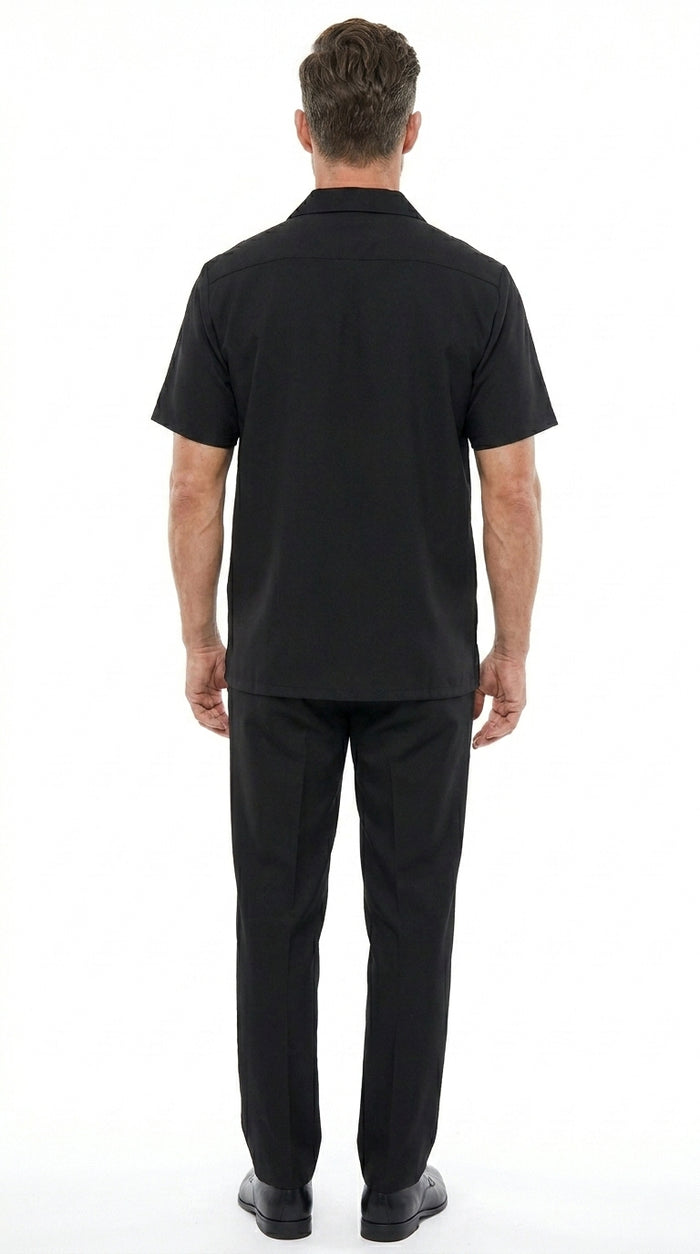 Men’s Black Big and Tall Walking Suit with Short Sleeve Shirt and Matching Pants, Casual Suit up to 6XL