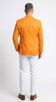 Men’s Mango Orange Blazer with Matching Shirt and Bow Tie, White Pants Formal Outfit
