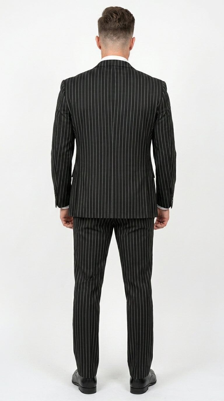 Men’s Jet Liquid Black Suit with White Pinstripes, 2 Button Vested Formal Dress Suit Modern Fit