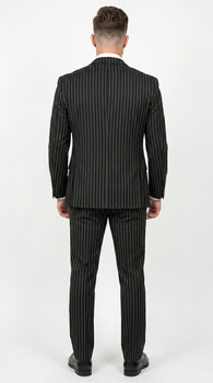 Men’s Jet Liquid Black Suit with White Pinstripes, 2 Button Vested Formal Dress Suit