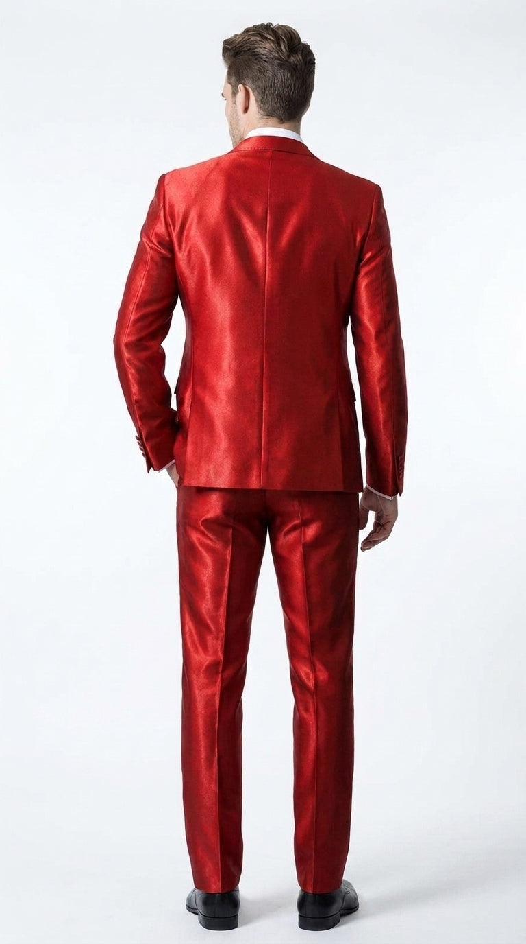 Men’s Red Shiny 3-Piece Suit – Satin Wedding, Prom, Party and Formal Suit with Vest