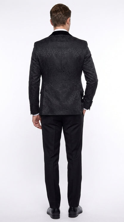 Rossi Man Men’s Black 3-Piece Tuxedo - Floral Jacquard Shawl Lapel Wedding and Prom Suit