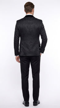 Rossi Man Men’s Black 3-Piece Tuxedo - Floral Jacquard Shawl Lapel Wedding and Prom Suit