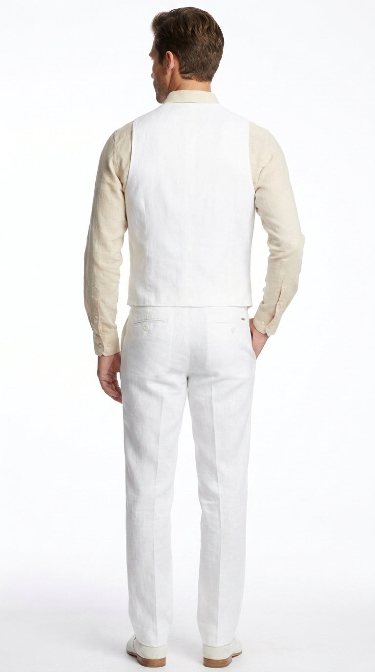 Men'S Beach WeddinMen’s White Linen Beach Wedding Vest and Pants Set, Formal Waistcoat Tuxedo Outfitg Tuxedo Linen Dress Tuxedo Wedding Men'S Vest ~ Waistcoat ~ Waist Coat & Pants