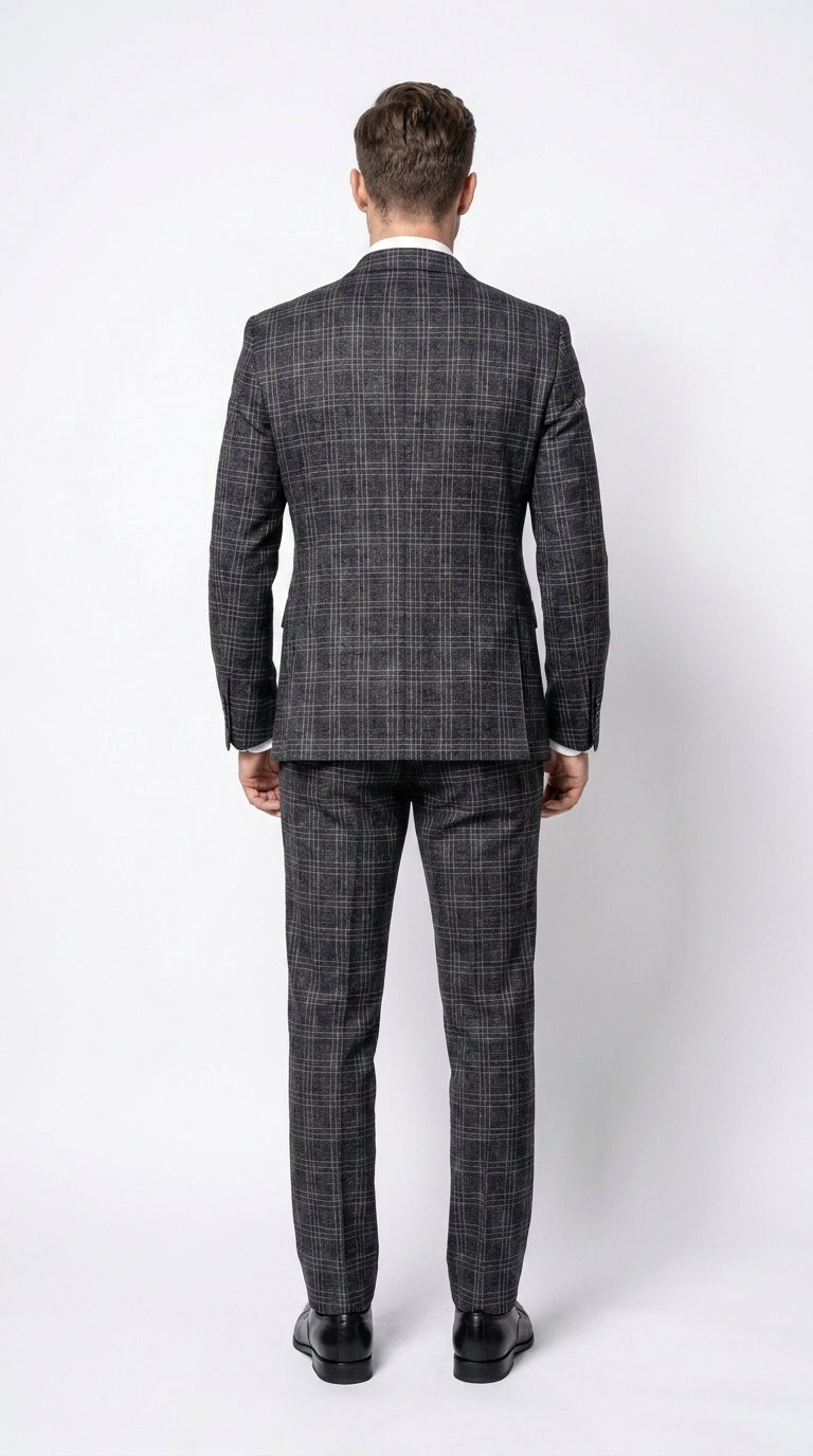 Rossi Man Men’s Charcoal Plaid Double-Breasted Suit – Windowpane Wedding, Business and Formal 2-Piece Suit  Modern Fit