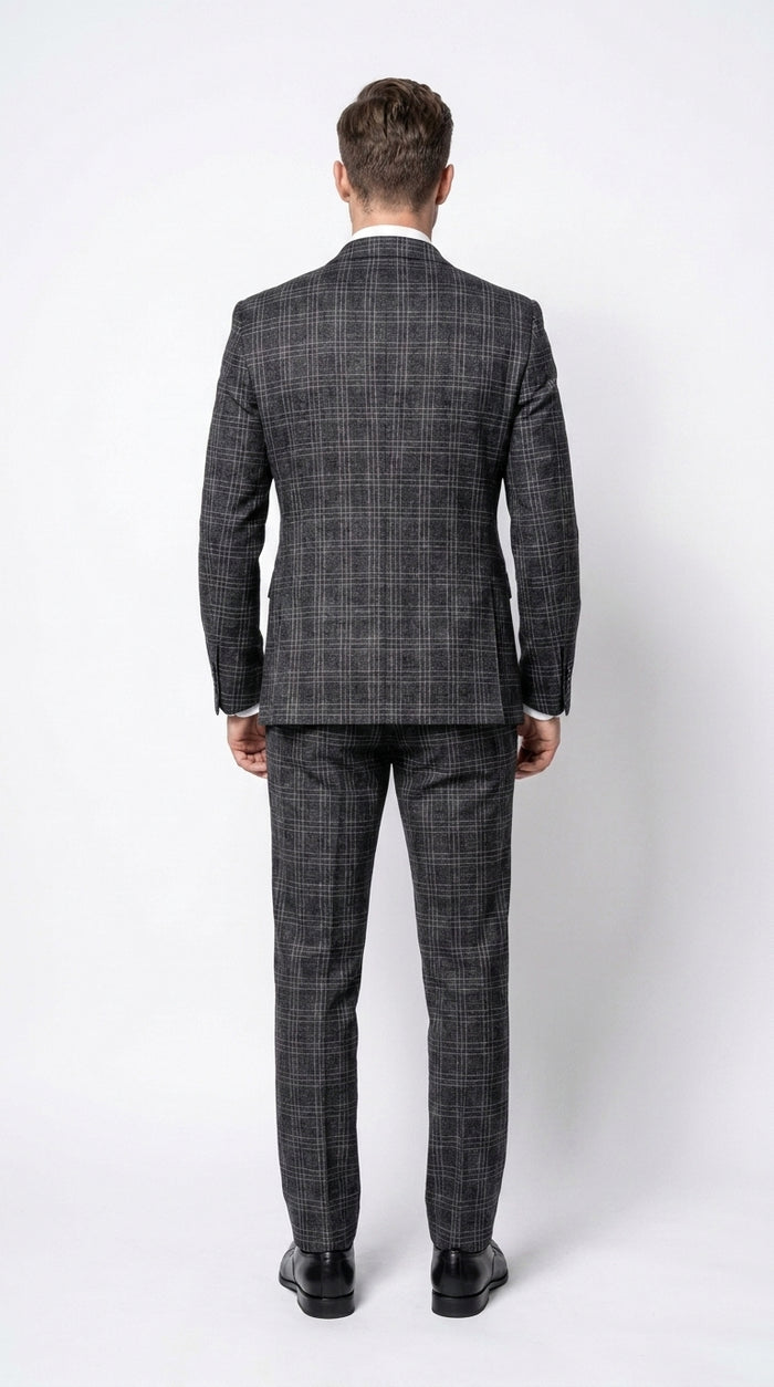 Rossi Man Men’s Charcoal Plaid Double-Breasted Suit – Windowpane Wedding, Business and Formal 2-Piece Suit  Modern Fit