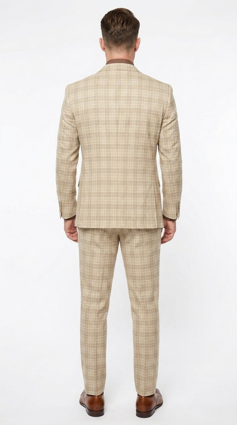 Marc Darcy Men’s Khaki Tan Windowpane Plaid 3-Piece Wedding Suit – Double-Breasted Vest and Matching Pants Modern Fit