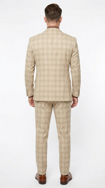 Marc Darcy Men’s Khaki Tan Windowpane Plaid 3-Piece Wedding Suit – Double-Breasted Vest and Matching Pants Modern Fit