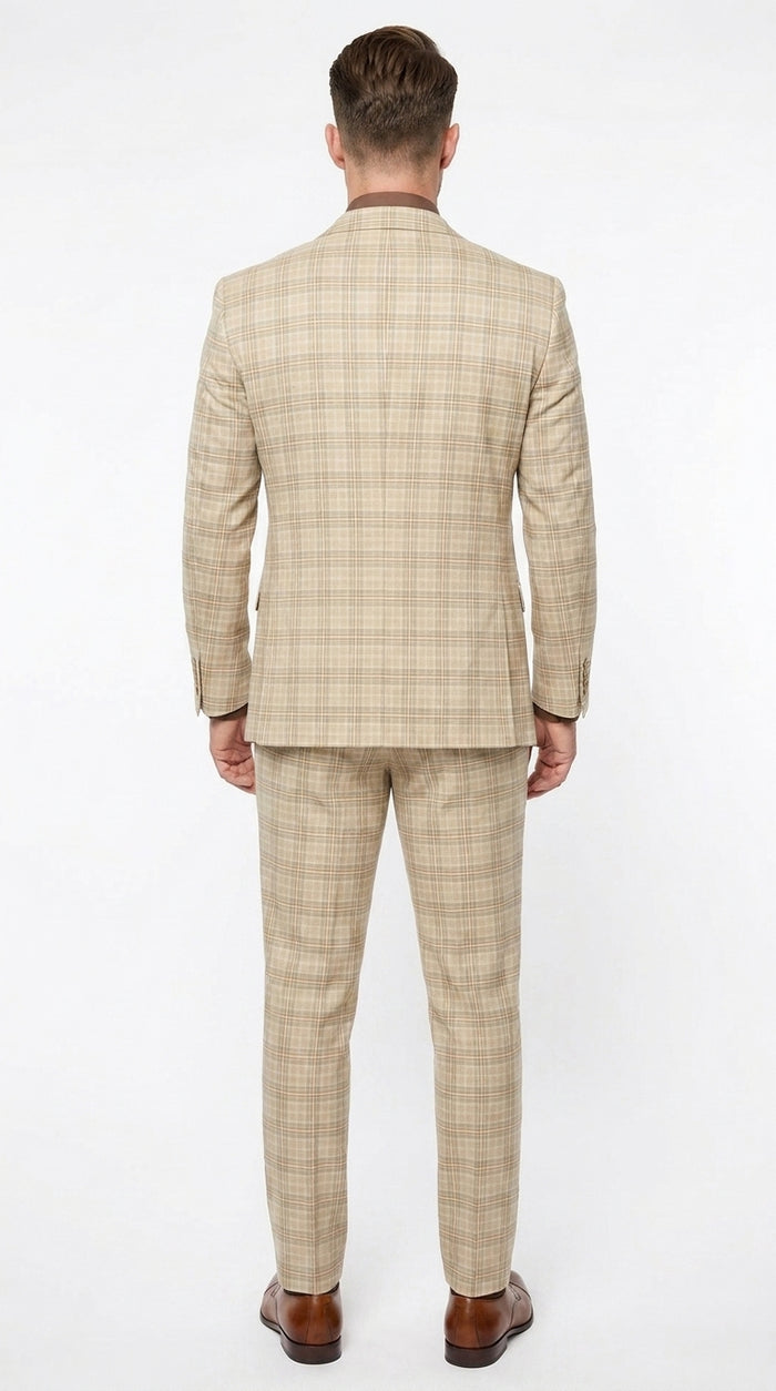 Marc Darcy Men’s Khaki Tan Windowpane Plaid 3-Piece Wedding Suit – Double-Breasted Vest and Matching Pants Modern Fit