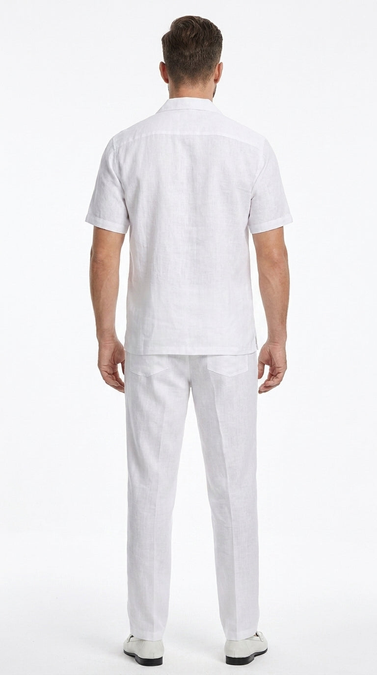 Men’s White 100% Linen Walking Suit, Short Sleeve Shirt and Pleated Pants Casual Two Piece Set