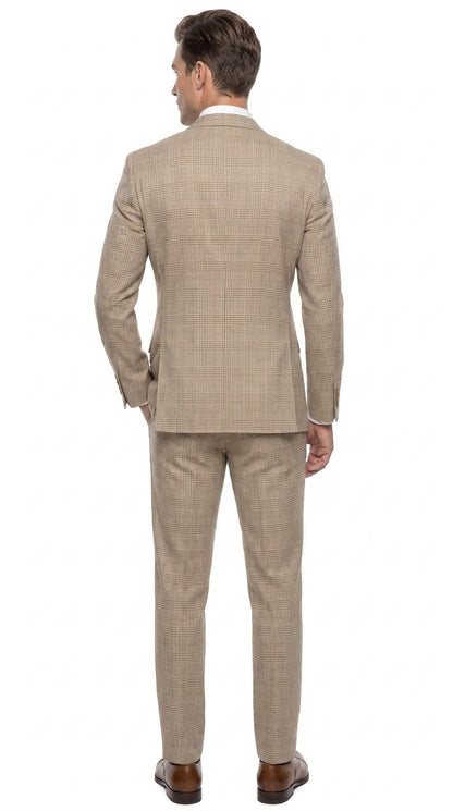 Alexander Collection Men’s Beige Double-Breasted Windowpane Suit – Regular Fit 2-Piece Wedding, Business and Formal Suit