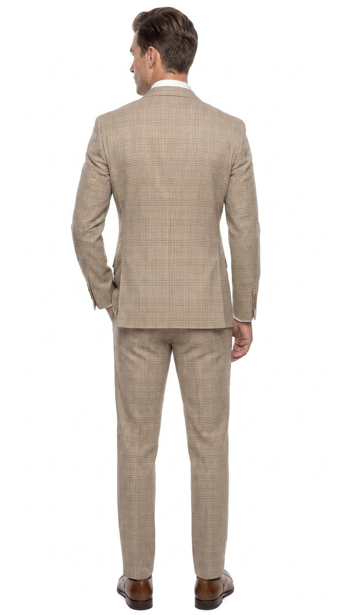 Alexander Collection Men’s Beige Double-Breasted Windowpane Suit – Regular Fit 2-Piece Wedding, Business and Formal Suit
