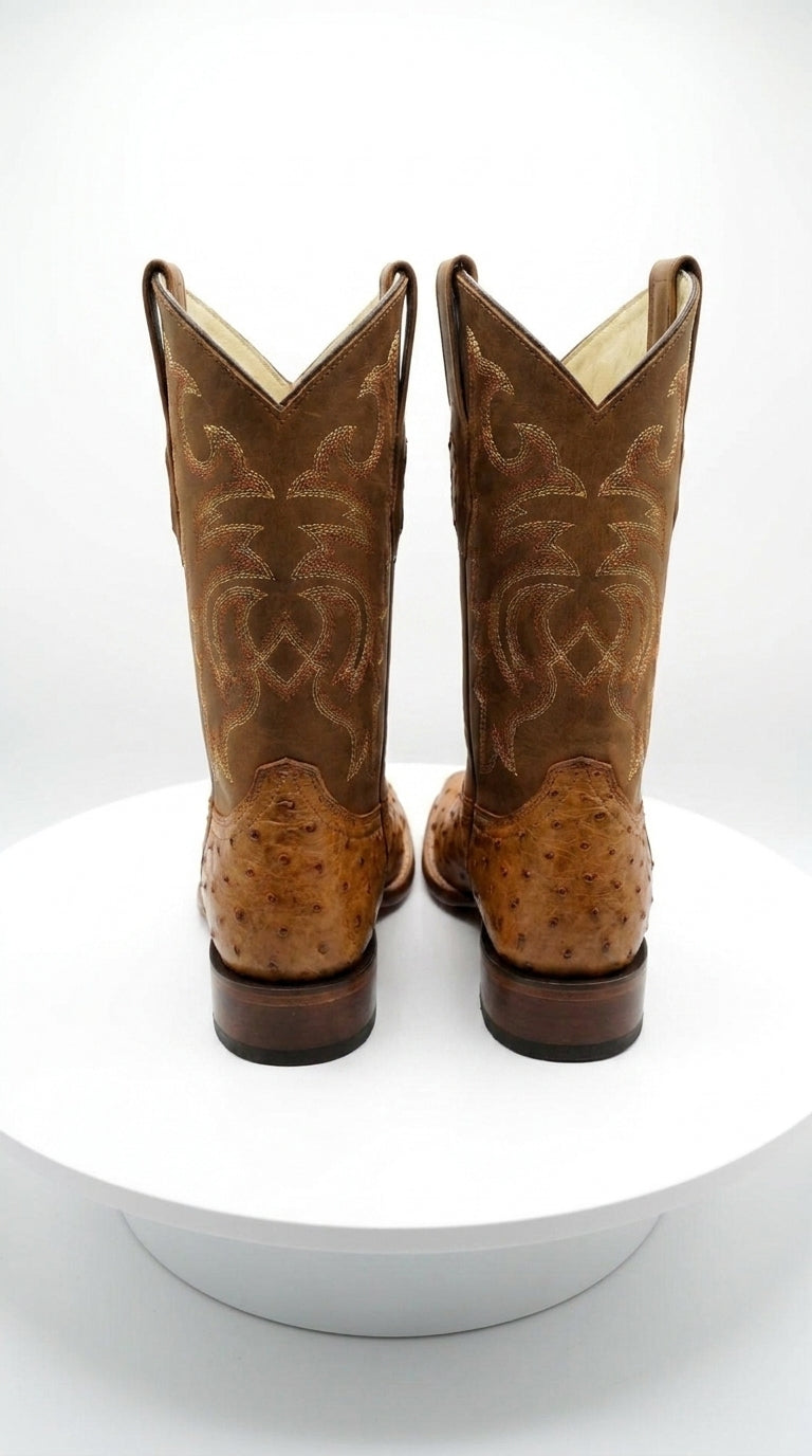Los Altos Men’s Amber Ostrich Skin Wide Square Toe Boots, Exotic Western Cowboy Dress Boots