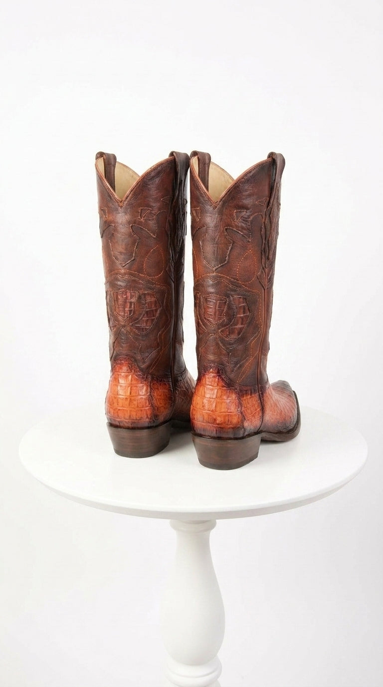 Los Altos Men’s Faded Cognac Caiman Snip Toe Cowboy Boots, Exotic Western Dress Boots