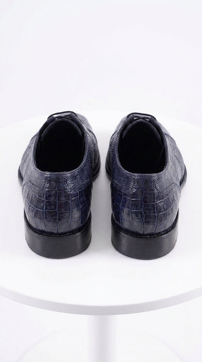 Los Altos Men’s Navy Teju Lizard and Caiman Oxford Shoes, Exotic Lace-Up Formal Dress Shoes