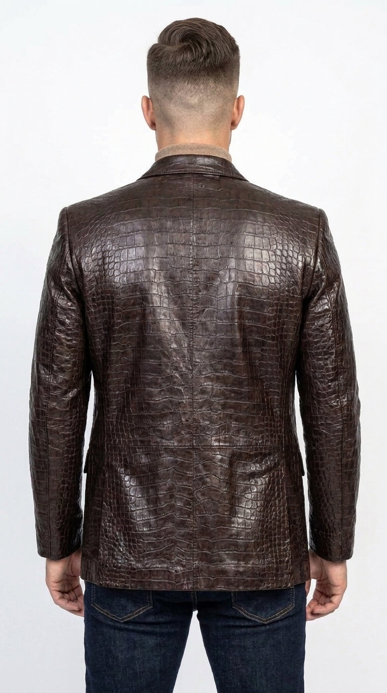Zacchi Men’s Brown Crocodile Print Blazer, Italian Cut Alligator Leather Feel Sport Coat
