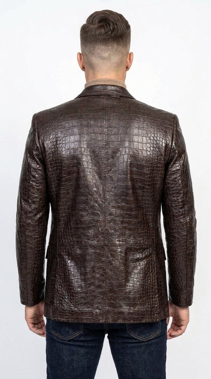Zacchi Men’s Brown Crocodile Print Blazer, Italian Cut Alligator Leather Feel Sport Coat