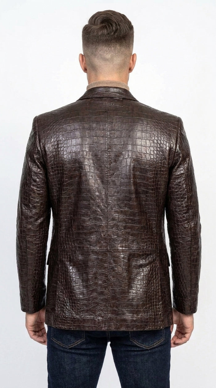 Zacchi Men’s Brown Crocodile Print Blazer, Italian Cut Alligator Leather Feel Sport Coat