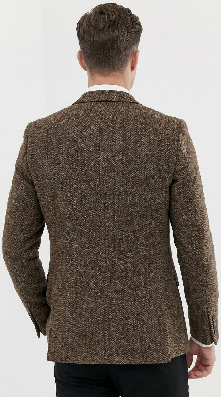 Men’s Dark Brown Tweed Herringbone Blazer, Classic Dress Sport Coat for Wedding and Casual Wear