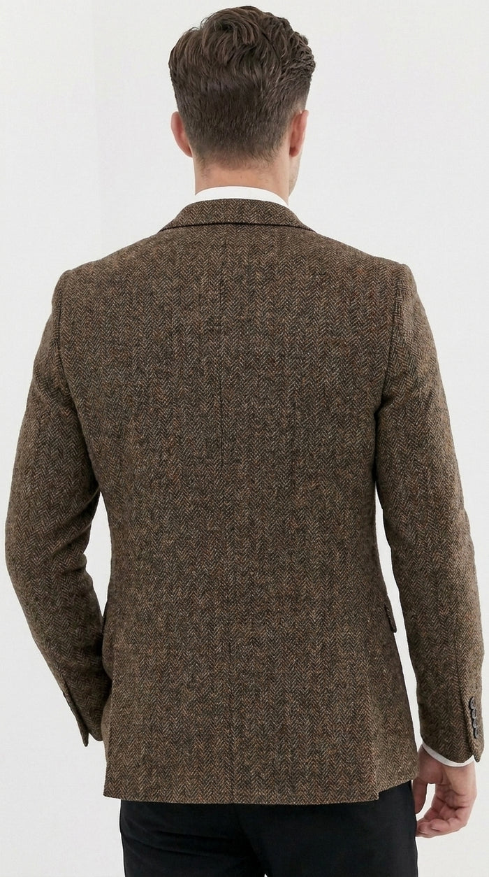 Men’s Dark Brown Tweed Herringbone Blazer, Classic Dress Sport Coat for Wedding and Casual Wear