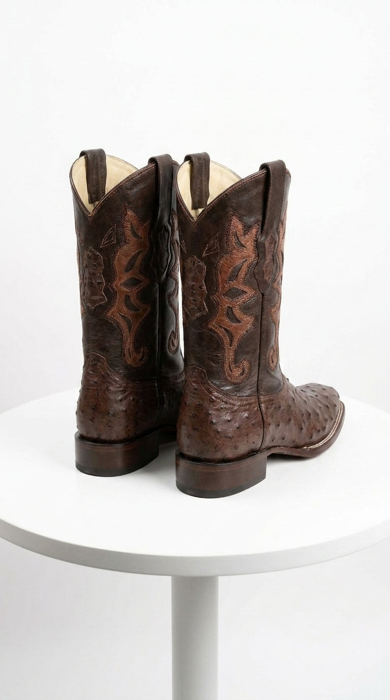 Men’s Brown Square Toe Ostrich Boots, Exotic Western Cowboy Dress Boots