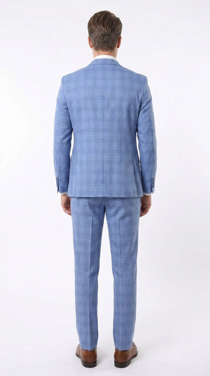 Men’s Light Blue Plaid 3 Piece Suit, Sky Blue Vested Summer Wedding Prom Dress Suit