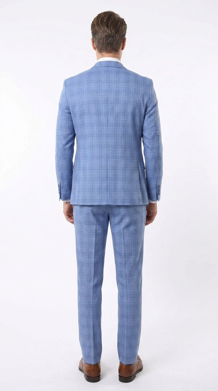 Men’s Light Blue Plaid 3 Piece Suit, Sky Blue Vested Summer Wedding Prom Dress Suit