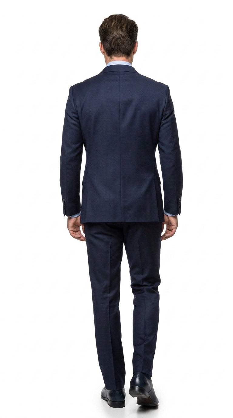 Men’s Navy Double Breasted Wool Suit, Peak Lapel Side Vent Jacket with Pleated Pants