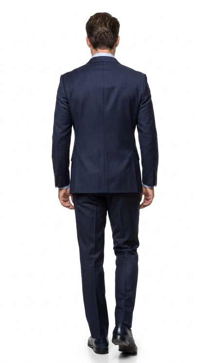 Men’s Navy Double Breasted Wool Suit, Peak Lapel Side Vent Jacket with Pleated Pants