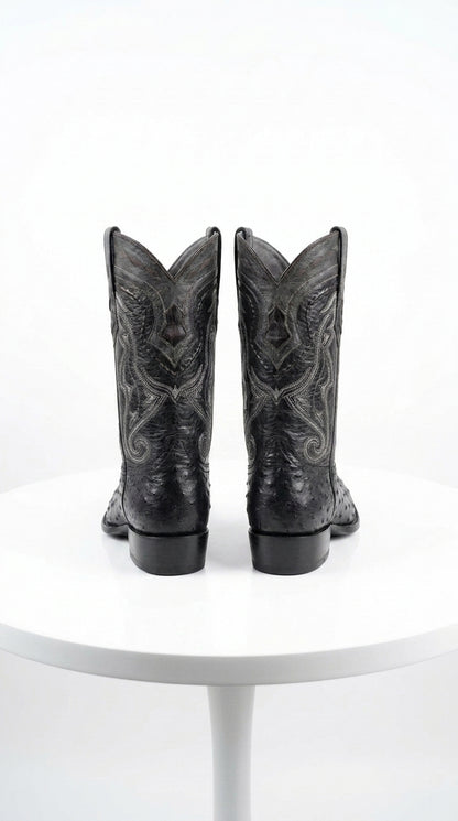Los Altos Men’s Black Ostrich Pointed Toe Cowboy Boots, 1.5 Inch Walking Heel Botas De Avestruz