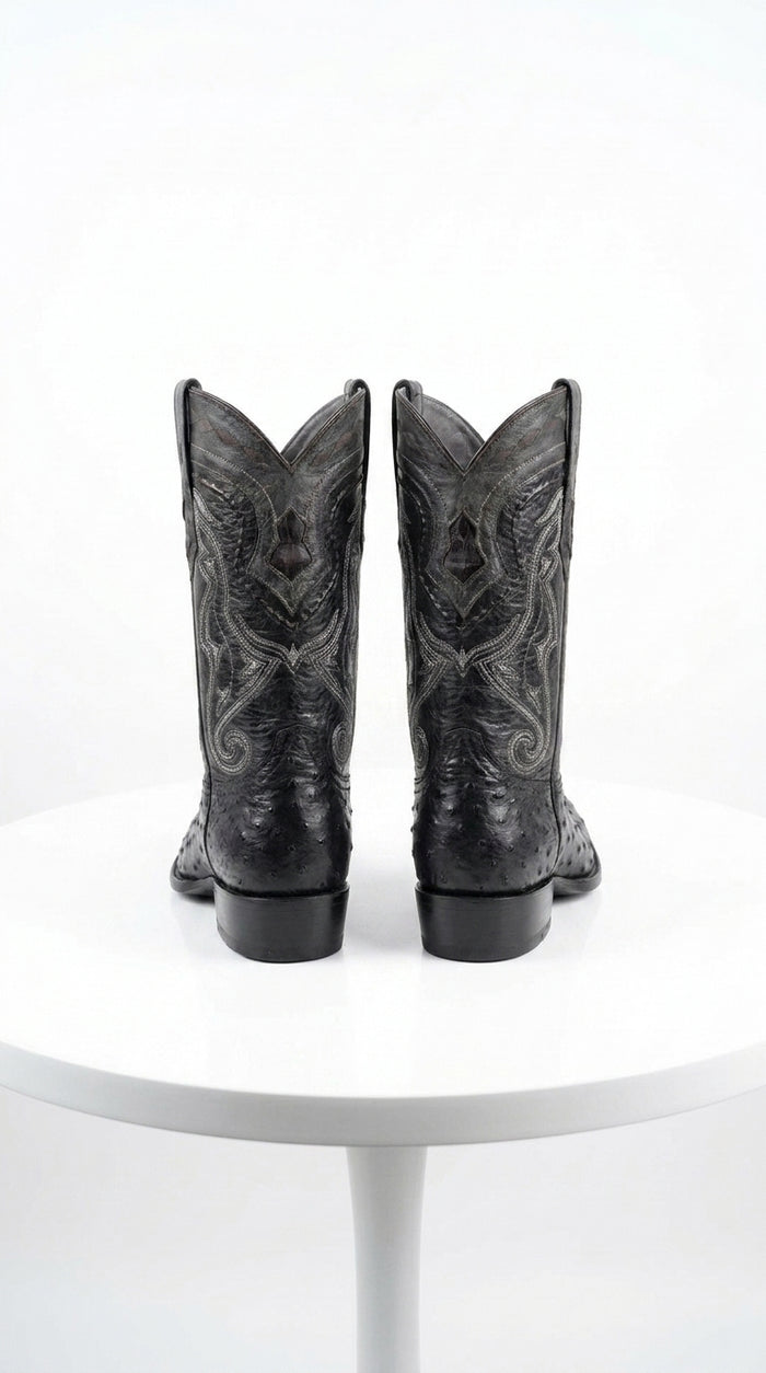 Los Altos Men’s Black Ostrich Pointed Toe Cowboy Boots, 1.5 Inch Walking Heel Botas De Avestruz