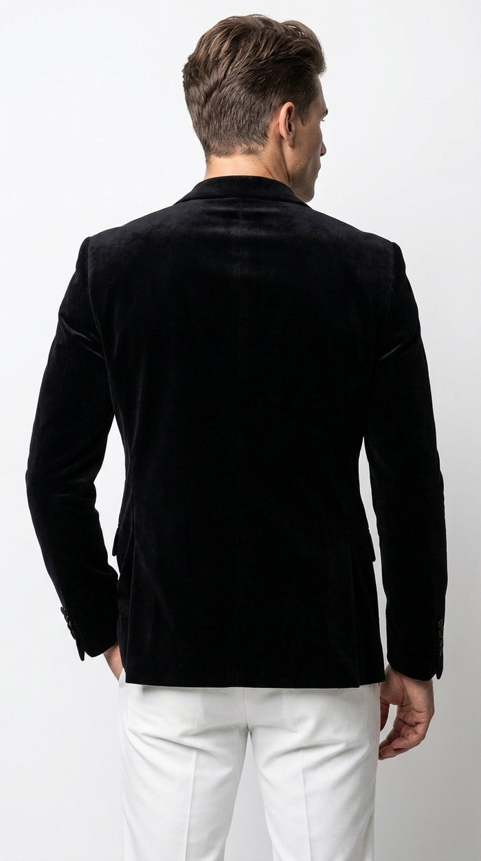 Men’s Black Velvet Blazer – 2 Button Velour Tuxedo Dinner Jacket