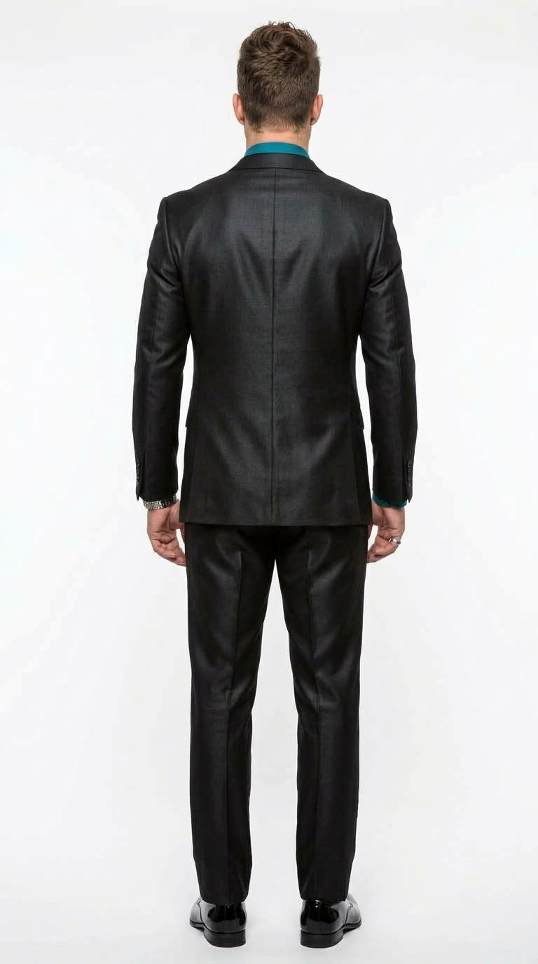 Men’s Black Sharkskin 1 Button Suit, Modern Fit Peak Lapel Wool Blend Formal Dress Suit