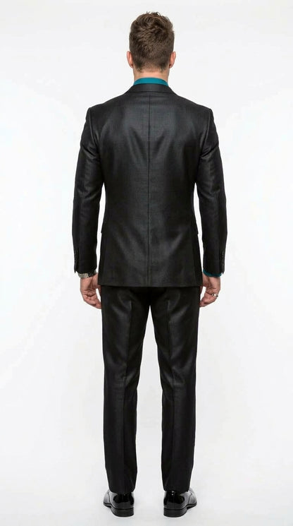 Men’s Black Sharkskin 1 Button Suit, Modern Fit Peak Lapel Wool Blend Formal Dress Suit
