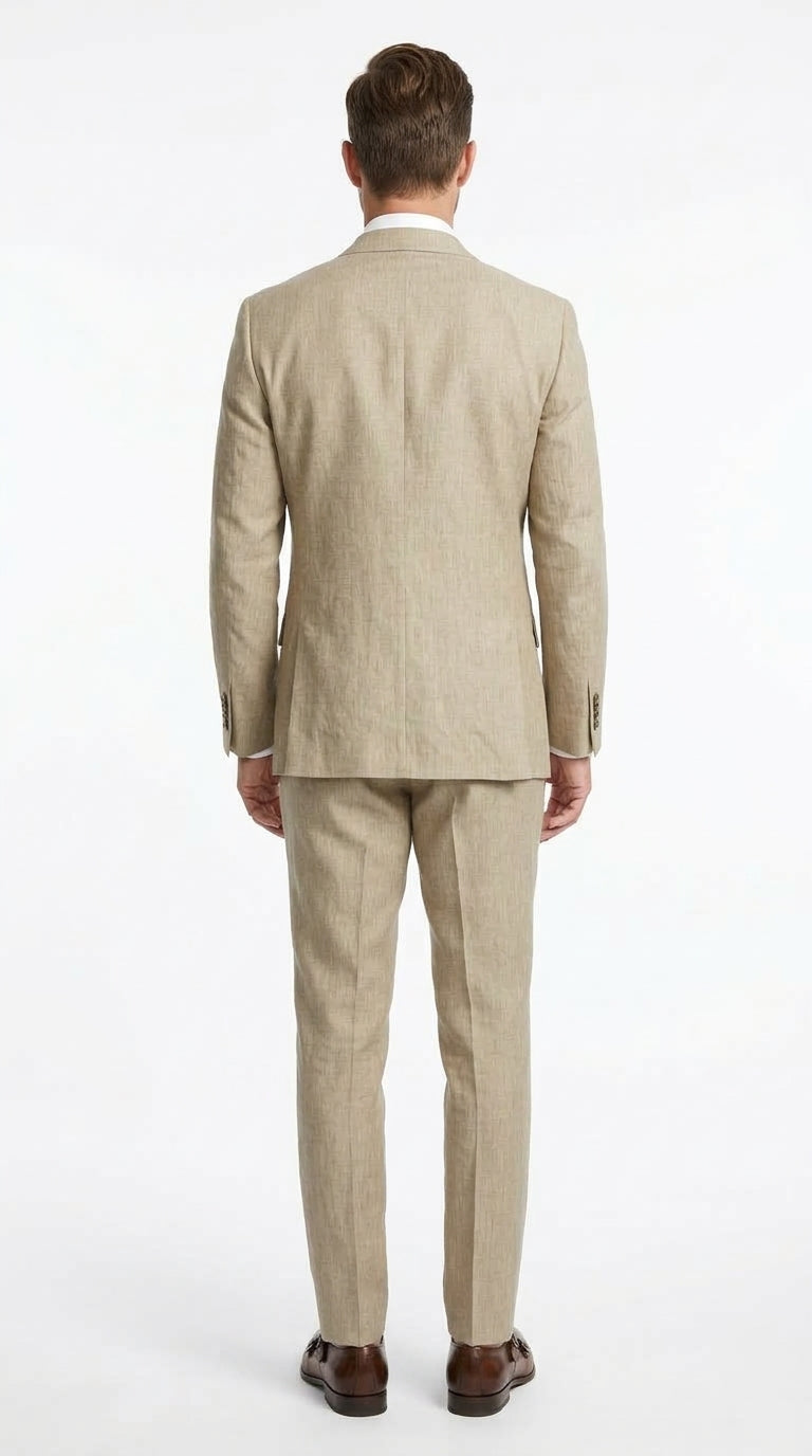 Men’s Beige Big & Tall Linen Suit – 2-Button Summer Wedding & Beach Suit
