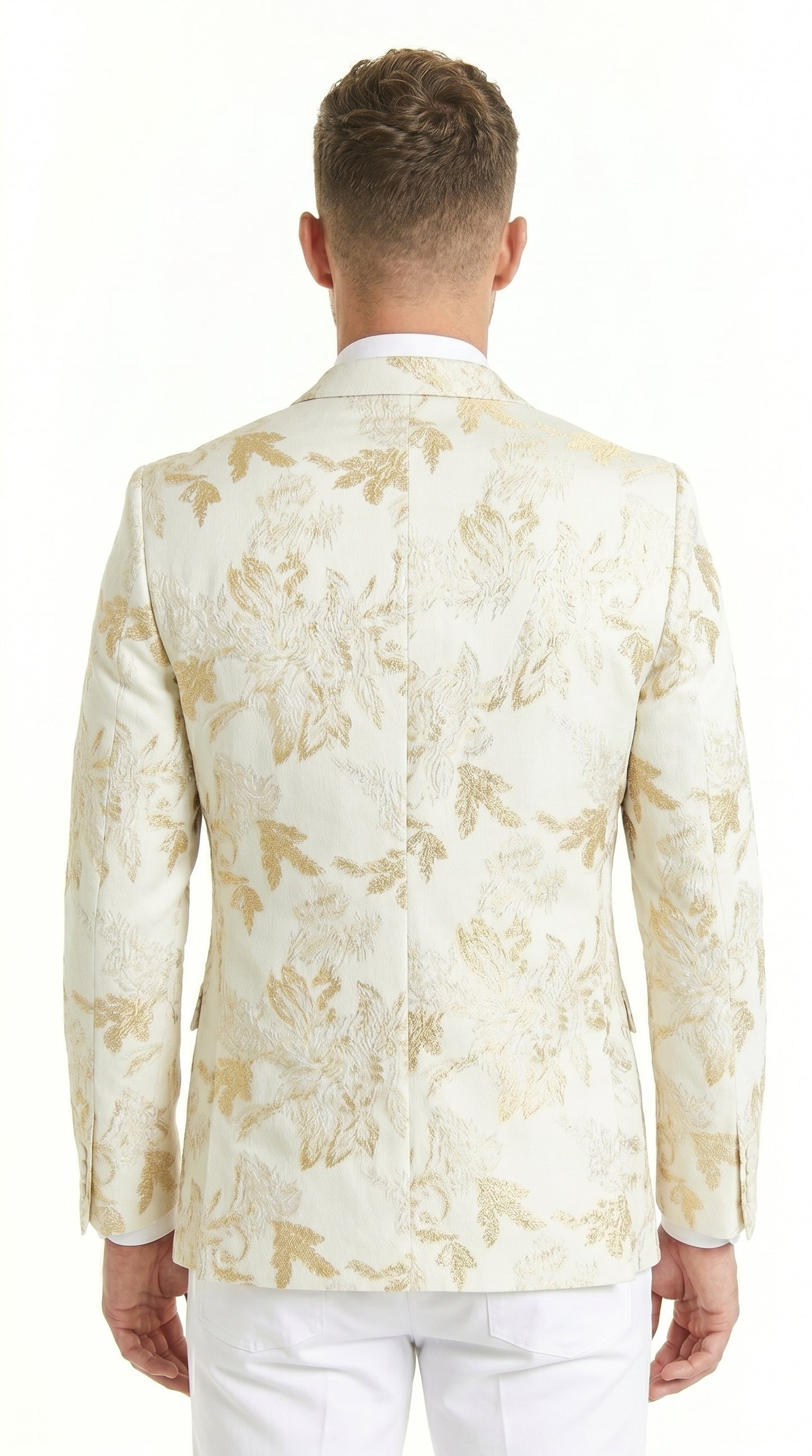 Men’s Off White and Gold Floral Paisley Tuxedo Blazer, Big and Tall Sparkling Formal Sport Coat