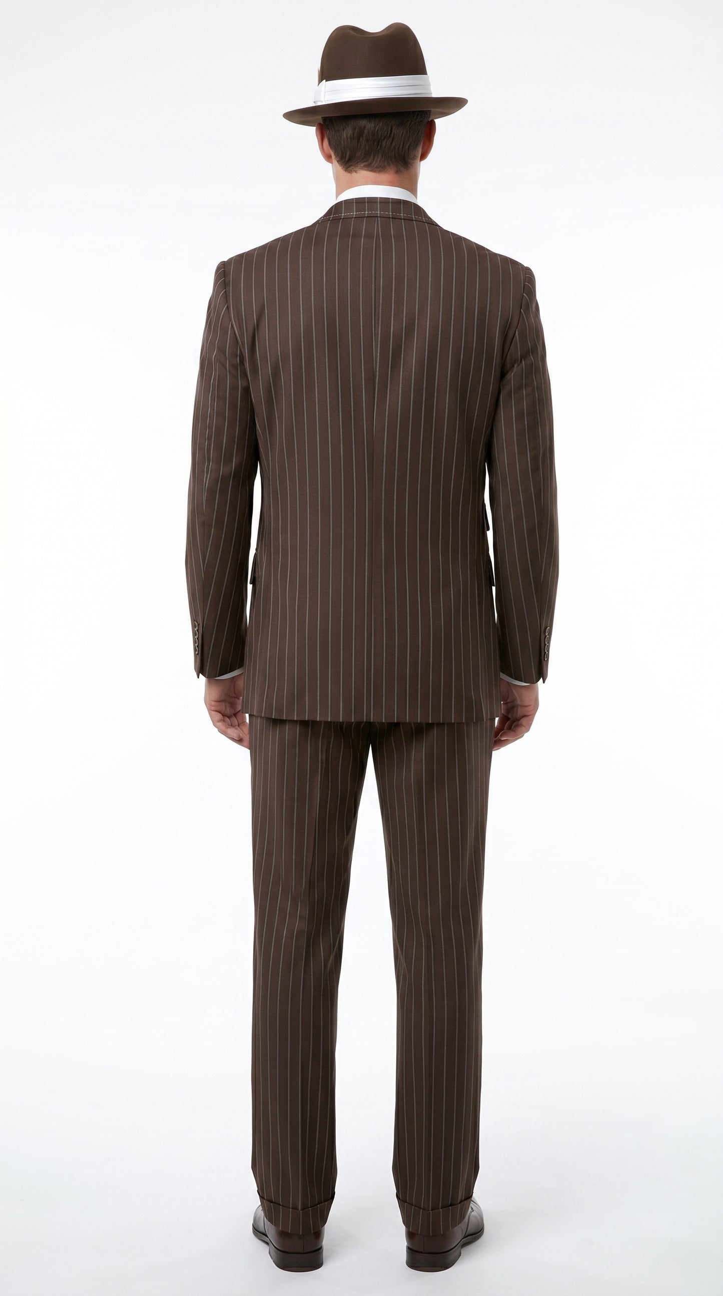 Men’s Brown Pinstripe Zoot Suit with 3 Button Jacket, Vest and Wide Leg Pants, 1920s Gangster Suit