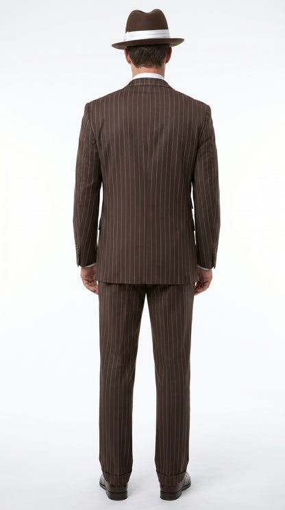 Men’s Brown Pinstripe Zoot Suit with 3 Button Jacket, Vest and Wide Leg Pants, 1920s Gangster Suit