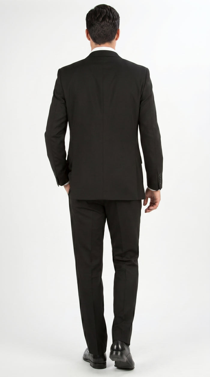 Men’s Black Three Button Poplin Suit with Classic Jacket and Pleated Pants, Formal Dress Suit