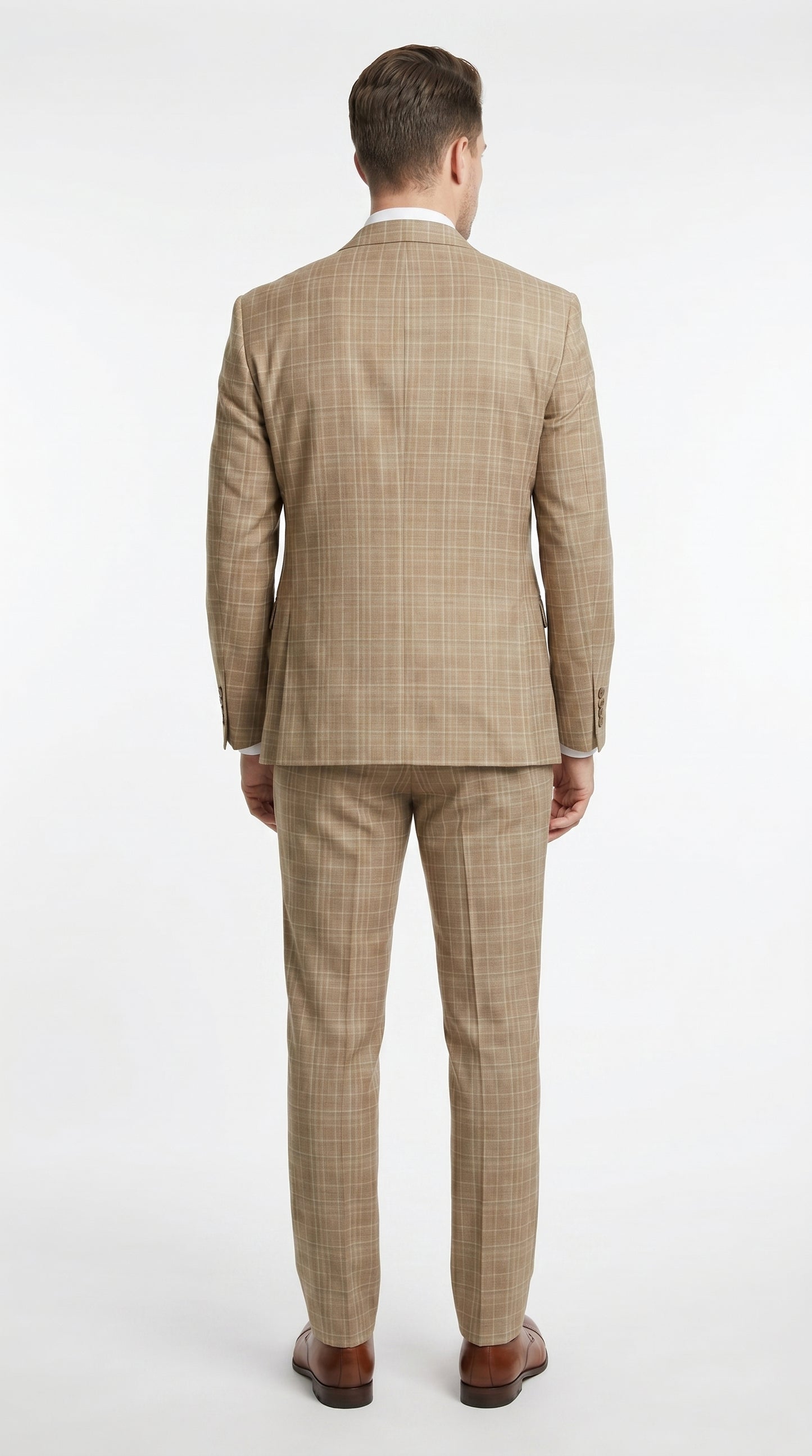 Men’s Camel Plaid Windowpane Vested Suit with 2 Button Jacket, Peak Lapel and Matching Pants
