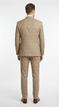 Men’s Camel Plaid Windowpane Vested Suit with 2 Button Jacket, Peak Lapel and Matching Pants