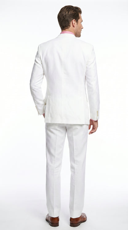Men’s White Linen 2 Piece Suit with Two Button Jacket, Side Vents and Matching Pants