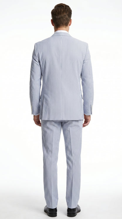 Men’s Light Blue Seersucker Suit with Jacket, Vest and Pants, High Quality Summer Dress Suit