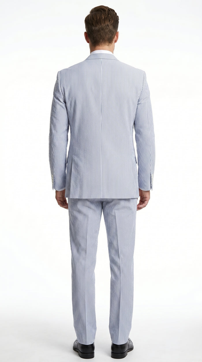 Men’s Light Blue Seersucker Suit with Jacket, Vest and Pants, High Quality Summer Dress Suit