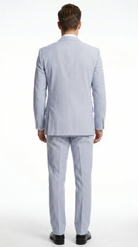 Men’s Light Blue Seersucker Suit with Jacket, Vest and Pants, High Quality Summer Dress Suit