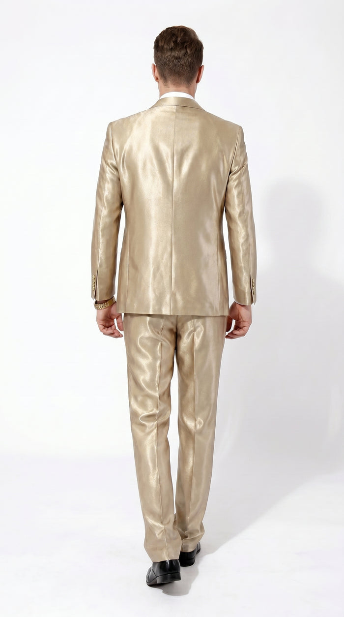 Men’s Champagne Tan Shiny Sharkskin 2 Button Suit, Formal Wedding Prom Dress Suit