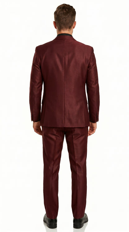 Men’s Burgundy Wine Maroon Sharkskin Vested Suit with Jacket, Vest and Pants